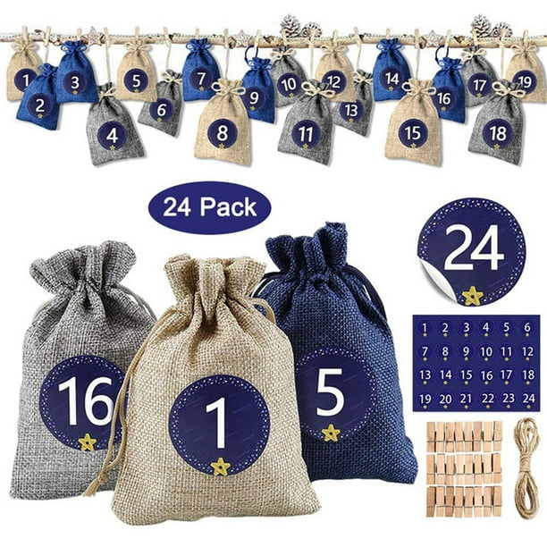 Fiudx Calendario de Adviento Diy, 24 Bolsas de Tela con Pinzas de Madera, 48 Pegatinas Numeradas, Cuerda de 10 M, Decoración para Árbol de Navidad, Cuenta Regresiva para Fiestas, Material de Lino, Ta