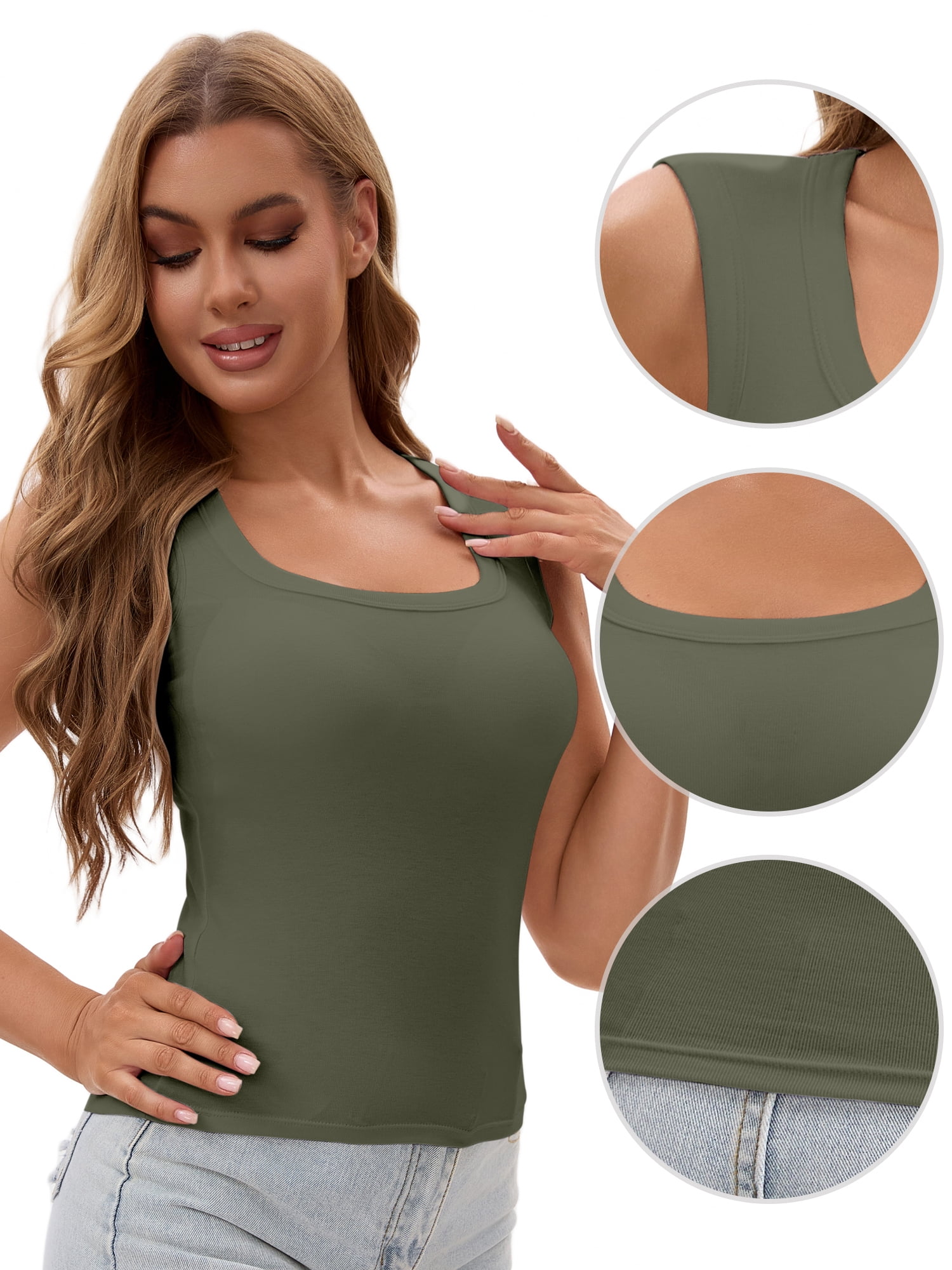 Unique Bargains Women's U Neck Tank with Built-In Bras M Dark Green