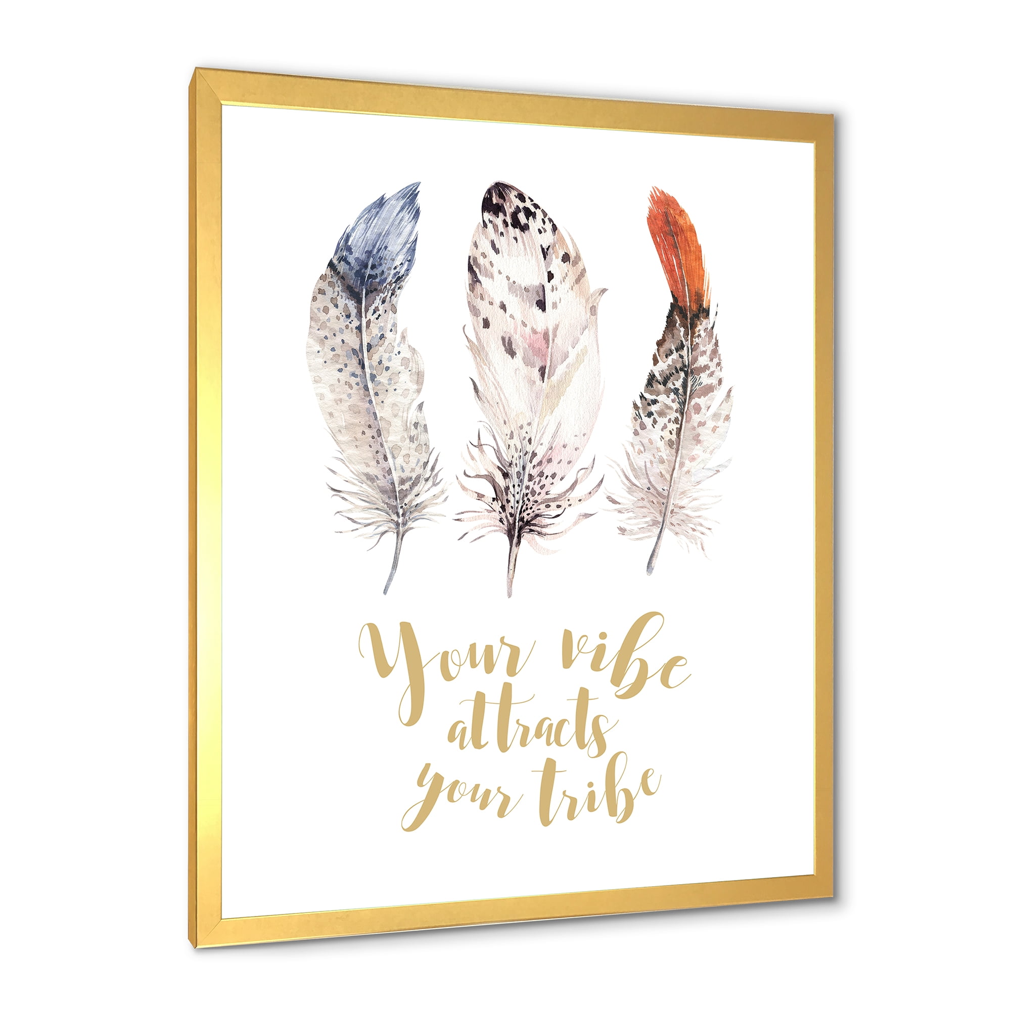 Designart 'Your Vibe Attracts Your Tribe Ethnic Feathers II' Bohemian & Eclectic Framed Art Print