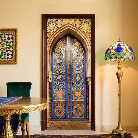 Door Sticker Peel Stick Removable Self Adhesive Door Mural Decal Vinyl PVC Waterproof Cover Wallpaper 31.48×78.74 Inch Eastern Floral Pattern