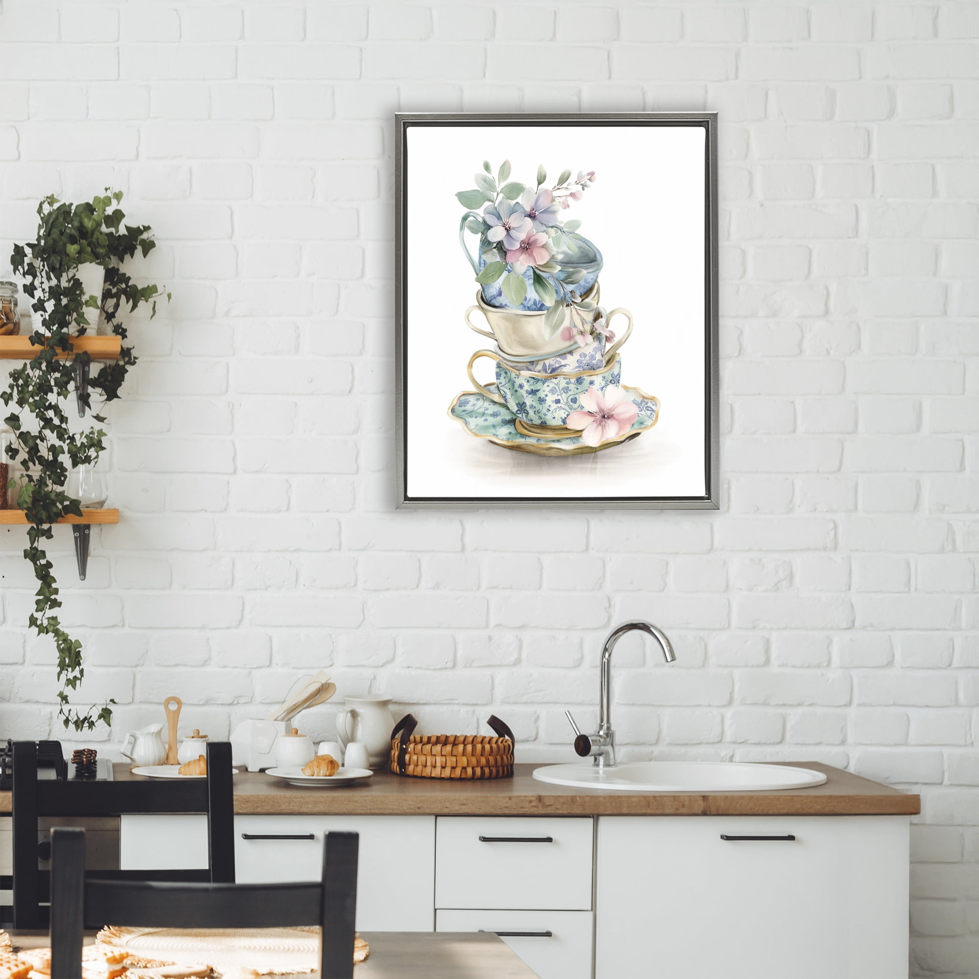 Stupell Industries Floral Teacup Chinoiserie Gray Framed Floater Canvas Wall Art, design by Kim Allen