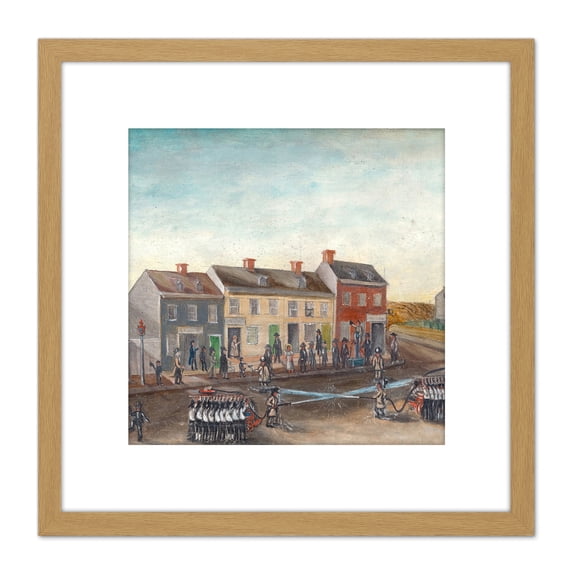 Chappel New York Firemen's Washing Day Painting 8X8 Inch Square Wooden Framed Wall Art Print Picture with Mount