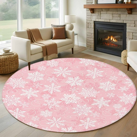 Pink Snowflake Christmas Round Rug 5ft Washable Circle Kitchen Rugs Non Slip Xmas Winter Abstract Art Large Area Rug Indoor Floor Carpet for Bedroom Living Room Home Office Dining Room Nursery