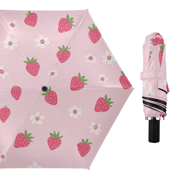 Cute Strawberries Small Daisies All Weather Umbrella Triple Folding Parasol 6 Ribs UV Protection Portable