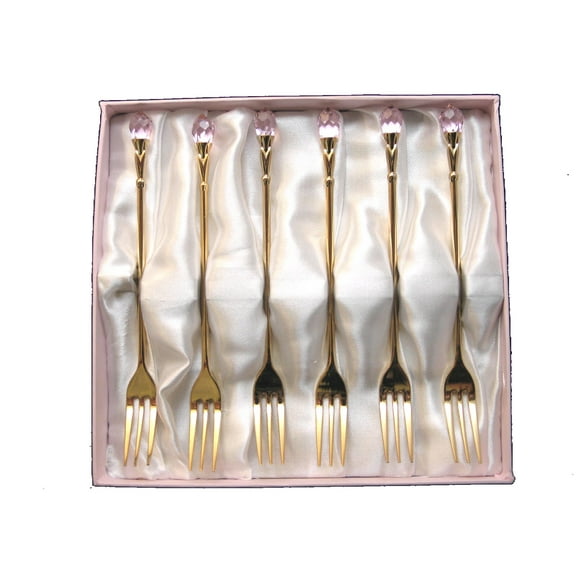 Gold Flatware Set 6-Pc. Dessert Demi Forks, 24 Karat Plated Stainless Steel with Pink Crystal Tip, 6" long ea.