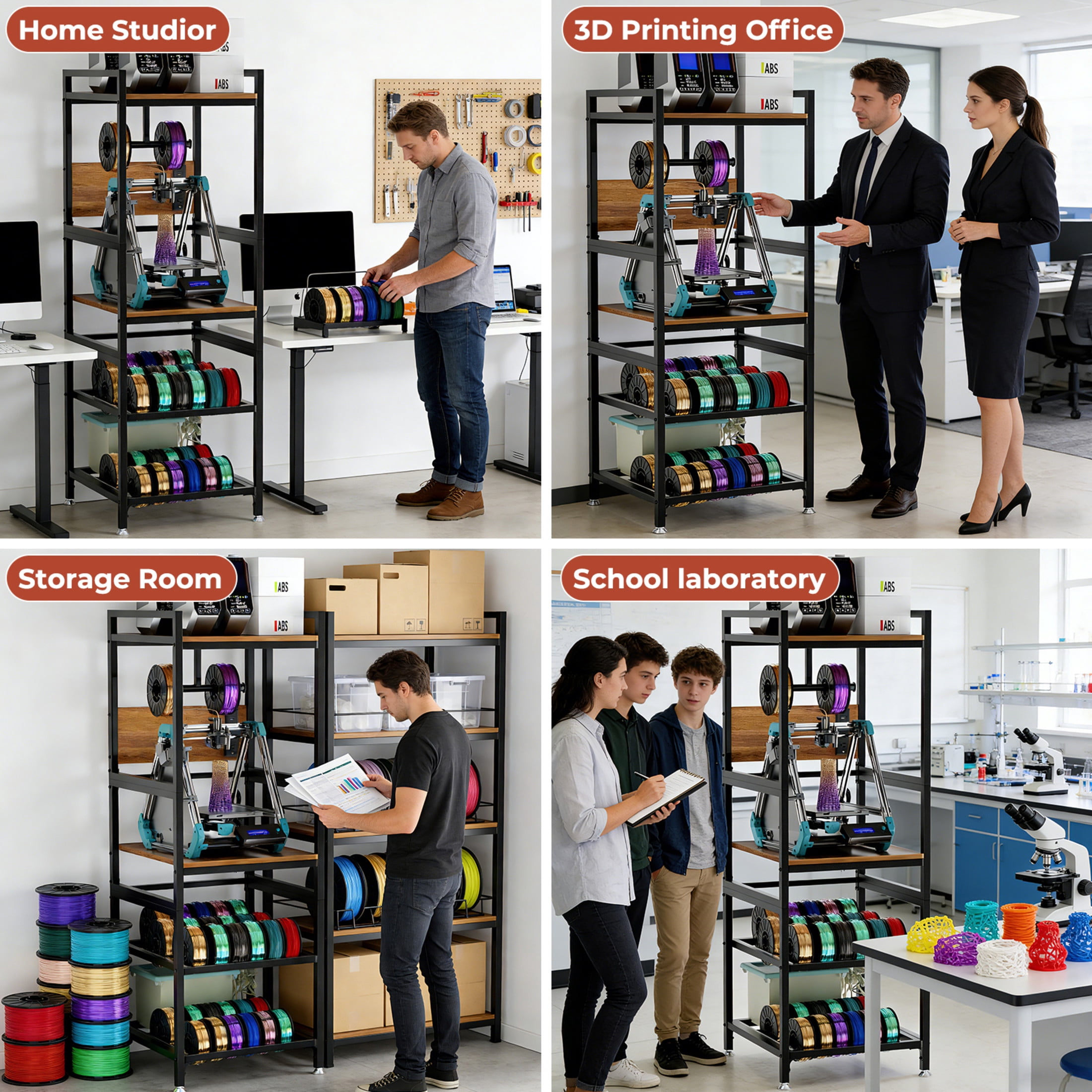Noble House 3D Printer Stand with Filament Storage, Heavy-Duty Metal Workstation with Power Panel, Black