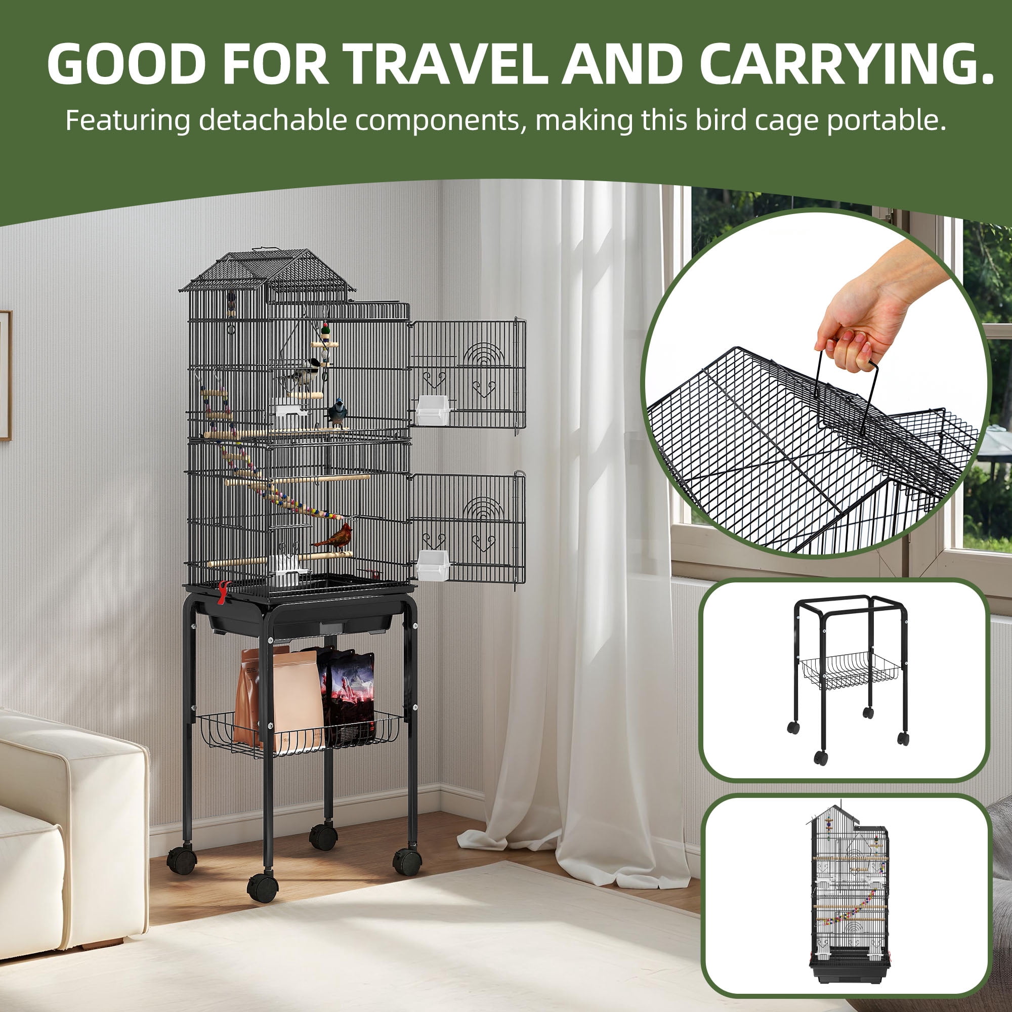 Uforic 62" Large Metal Bird cage with Rolling Stand, Slide-Out Tray,3 Perches and 4 Feeders, Black