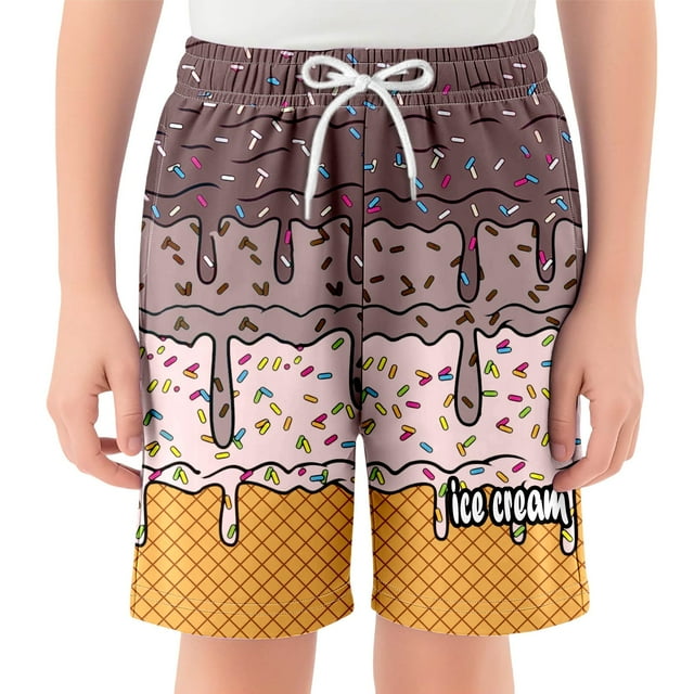 Short de Course Boho Estival à Imprimé Patchwork de Crème Glacée pour Garçon, Taille à Cordon, 2-14 Ans, Coffee, 140