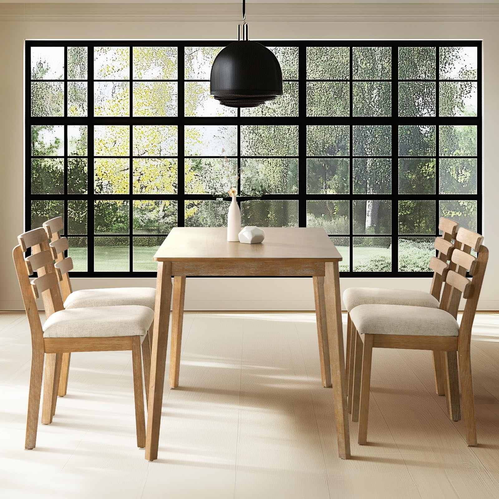 Farmhouse Dining Table Set For 4 Rectangular Wooden Kitchen Table And Upholstered Chairs Space Saving Furniture For Dining Room Small Spaces Apartment Modern Rustic Natural Wood 5 Piece Set