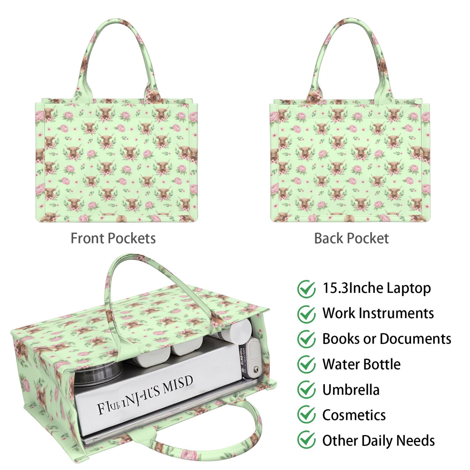 Large Capacity Tote Bag,Green Highland Cow Flower Pattern Handbag Fashion Luxury Tote Bag,15.7"x13"x 5.1" Inches,Laptop Compatible