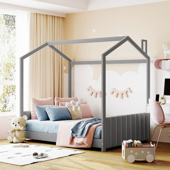 FFZ Full Size Velvet House Bed with Playhouse Roof and Pine Frame, 80.3 x 56.1 x 75 inch, Gray