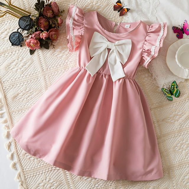 XEGLSBU Toddler Children Girls Short Sleeve Solid Bowknot Dresses Dress Clothes