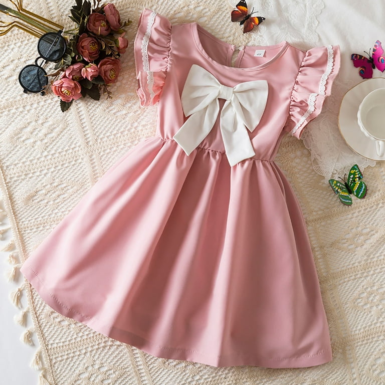 Fhsagq Dress Cute Summer Easter Dresses for Girls 10-12 Long Toddler Children Girls Short Sleeve Solid Bowknot Dresses Dress Clothes Girls Easter
