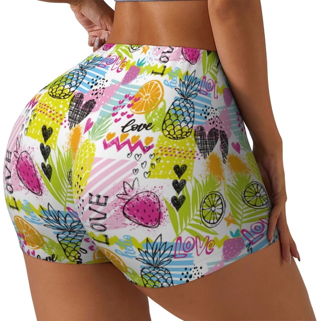 Balery Tropical Pineapples Pantalones cortos de entrenamiento estampados para mujer, sin costuras, ajustados, para gimnasio, yoga, correr, deportes, ejercicio activo, fitness.-Small