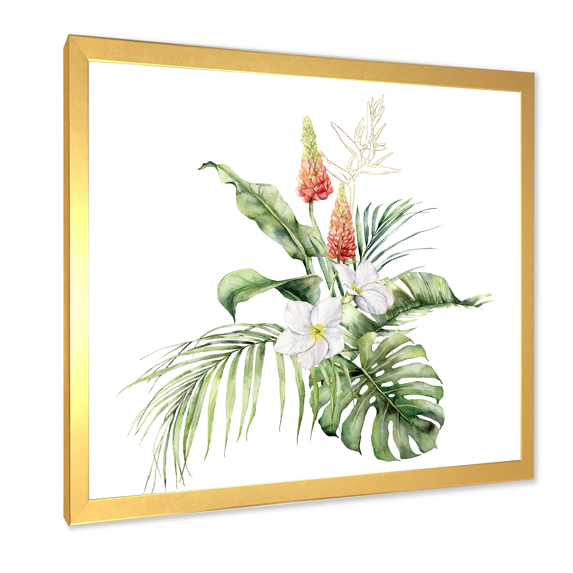 Designart 'Tropical Bouquet With Plumeria Lupine Palm Leaves' Traditional Framed Art Print