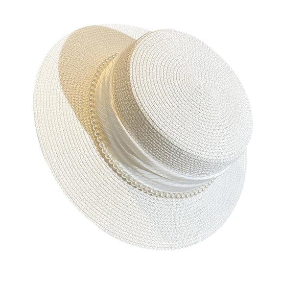 Women's Straw Boater Hat, Elegant Flat Top Sun Hat with Pearl Accent & Satin Band, Wide Brim Summer Beach Hat for Travel,One Size