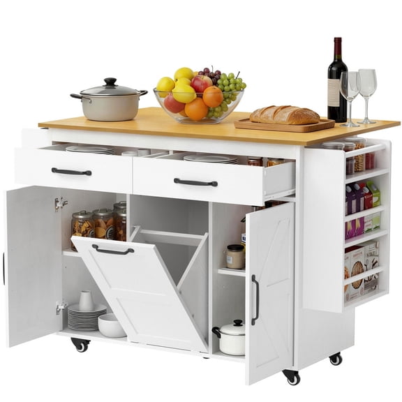 Vineego Rolling Kitchen Island with Storage, Mobile Kitchen Cart on Wheels with Drop Leaf Countertop, Drawers, Barn Doors & Side Shelves, White with Natural Wood Top