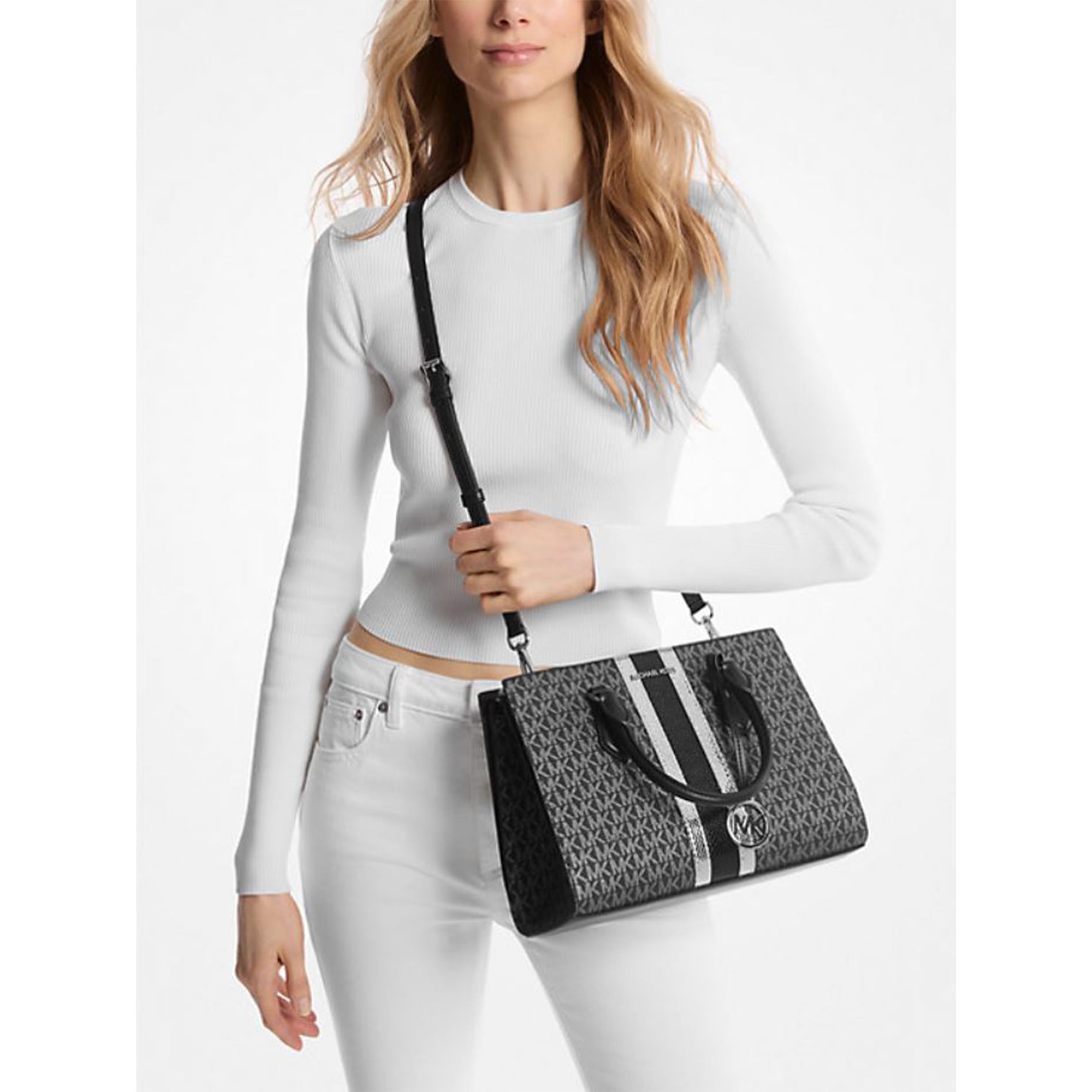 Michael Kors Women's Sheila Medium Signature Logo and Metallic Satchel 35F4S6HS3V-001
