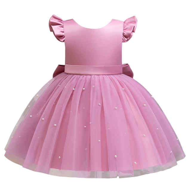 LUOGENLI Robe Élégante de Fête pour Fille Manches Bouffantes Tutu Tenue Formelle pour Fille Robe de Spectacle (Rose Pâle Taille 7-8 Ans)