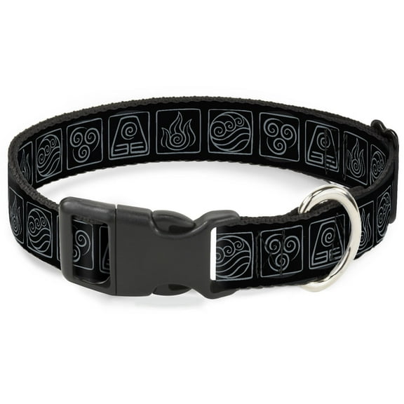 Nickelodeon Pet Collar, Dog Collar Plastic Buckle, Avatar the Last Airbender Bending Elements Icons Black Gray, 7 to 8.5 Inches 0.5 Inch Wide
