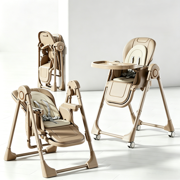 Sunny Babe Convertible Baby High Chair Folding Dining Chair Baby Swing with Double Tray,Universal Wheels,PU Leather,for Babies to Toddlers,Unisex,KHAKI