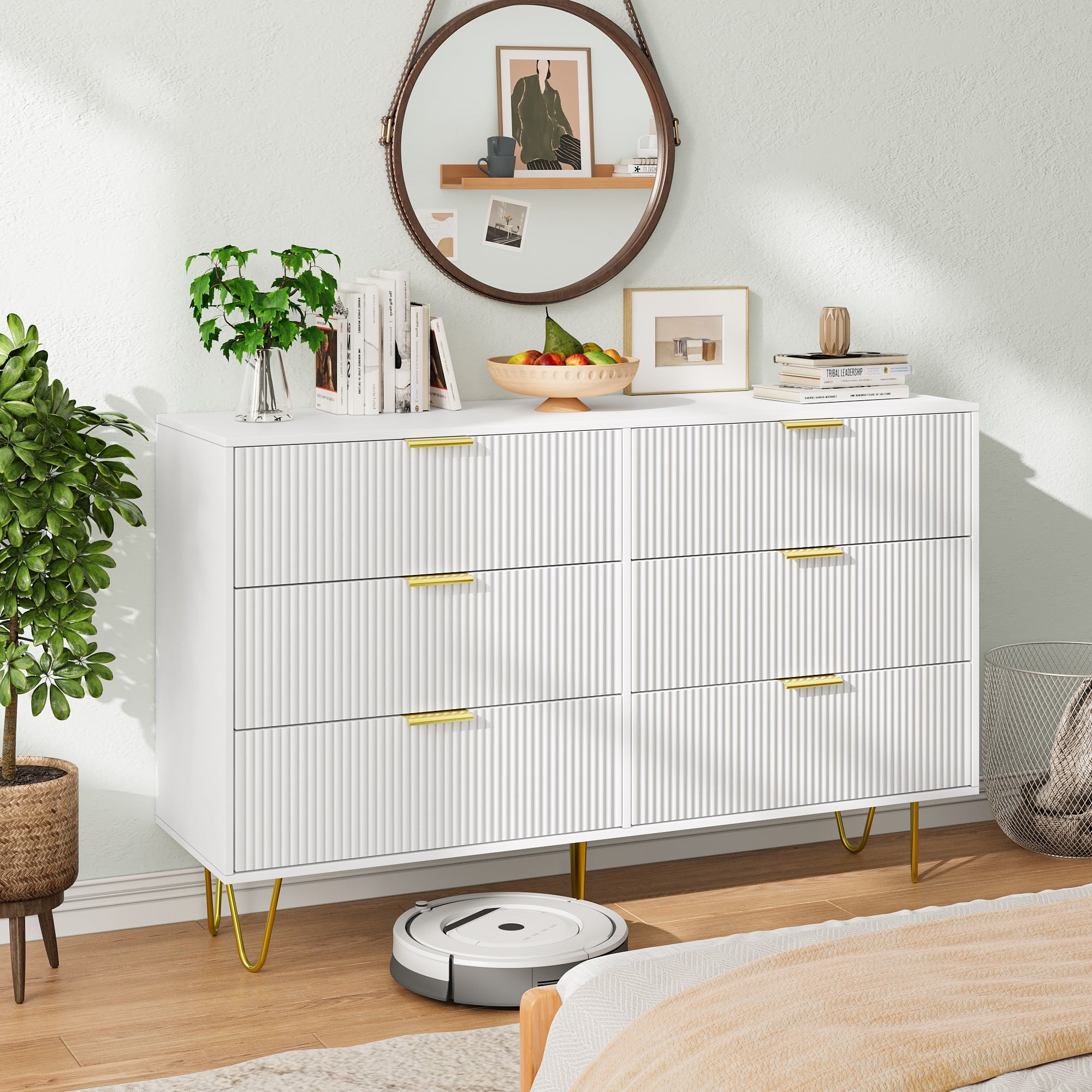 Finihen 6 Drawer Dresser, Big Size Wide Chest of Drawers with Gold Handles, Wood Double Dresser Storage Cabinet, for Living Room, Bedroom, Hallway, Closet, White Finihen 6 Drawer Dresser, Big Size Wide Chest of Drawers with Gold Handles, Wood Double Dresser Storage Cabinet, for Living Room, Bedroom, Hallway, Closet, White