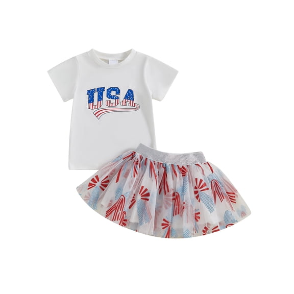 BemeyourBBs Kids Toddler Baby Girl 4th of July Outfits Summer Clothes Patriot Fourth of July Independence Day Clothes Letter Print Short Sleeve T Shirt Tops Elastic Waist Tulle Tutu Skirts Set