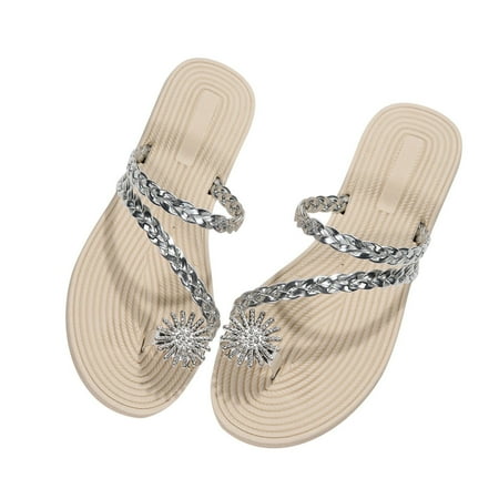 

Kukoosong Flat Sandals Women Flip Flops for Women Rhinestone Woven Flat Bottom Soft Bottom Casual Toe Clip Silver Size 38