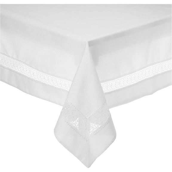 Violet Linen Splendour Exquisite Macrame Lace Border Pattern, Polyester Embroidered Lace, White, 60 Inch by 84 Inch, Seats 6 to 8 people, Tablecloths