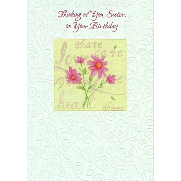Designer Greetings Four Pink Flowers in Light Yellow Square Frame Birthday Card for Sister