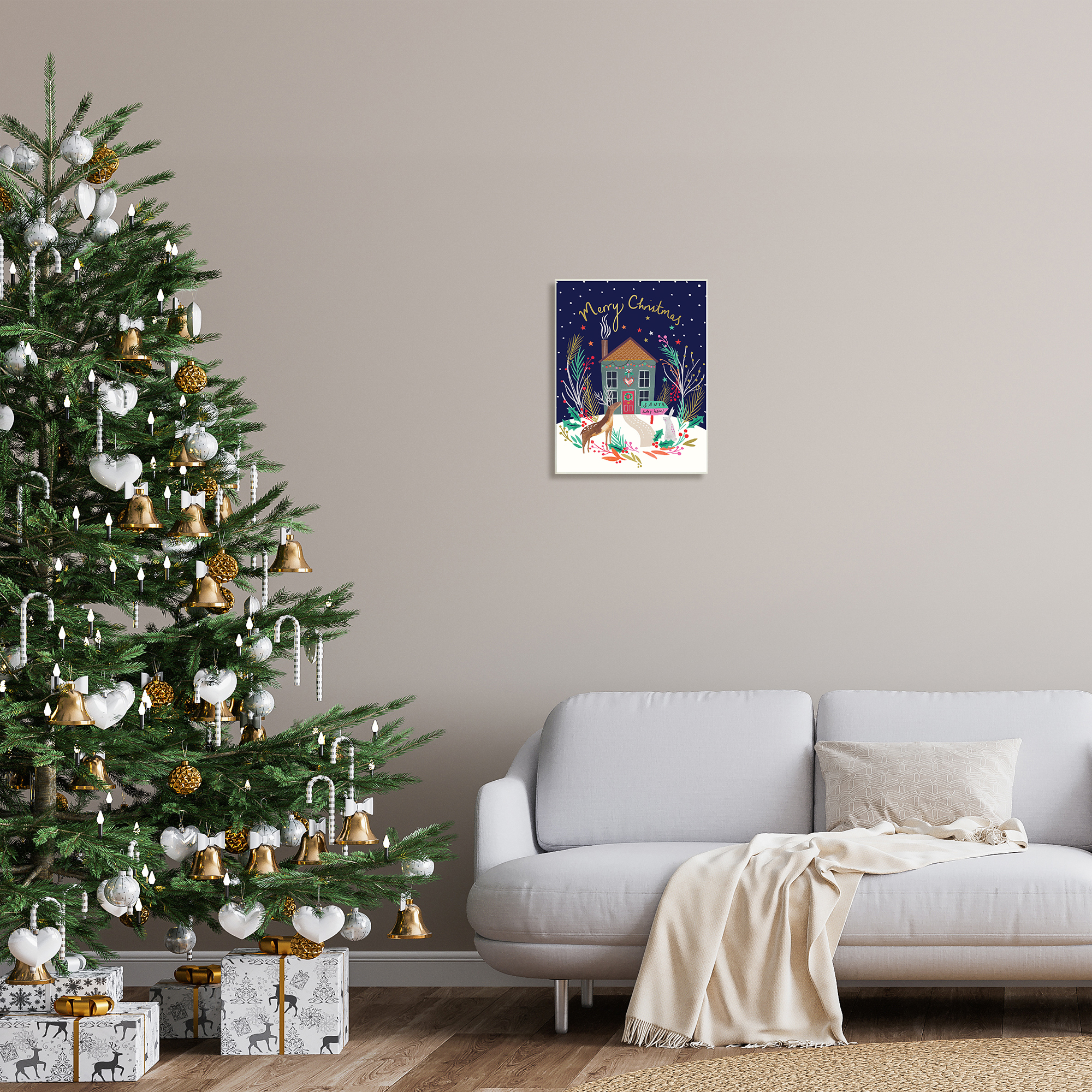 Stupell Indtries Merry Christmas Family Home Scene Festive Reindeer Holly,13 x 19,Design by Heather McLaughlin
