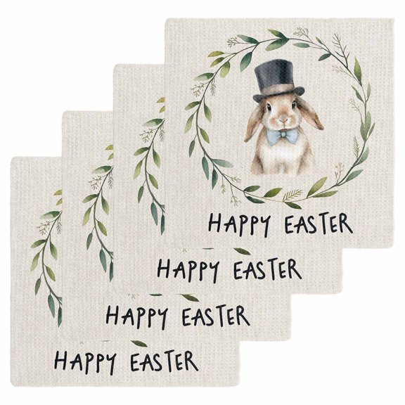 Happy Easter Kitchen Dish Towels for Drying Dishes Set of 4, Beige Rustic Spring Bunny Eucalyptus Leaves Waffle Weave Microfiber Hand Tea Bathroom Towels Quick Dry & Absorbent Towel 12x12