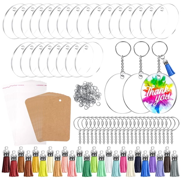 144 Pcs 2 in Acrylic Keychain Blanks Kit, Clear Round Acrylic Blanks with Tassels, Key Rings, Display Cards, and Packing Bags for DIY Craft Projects