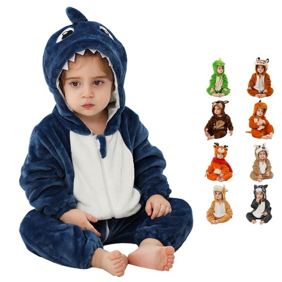 Oiyii Baby's Shark Character Jumpsuit Long Sleeve Hooded Halloween Romper Daily Onesie,Blue