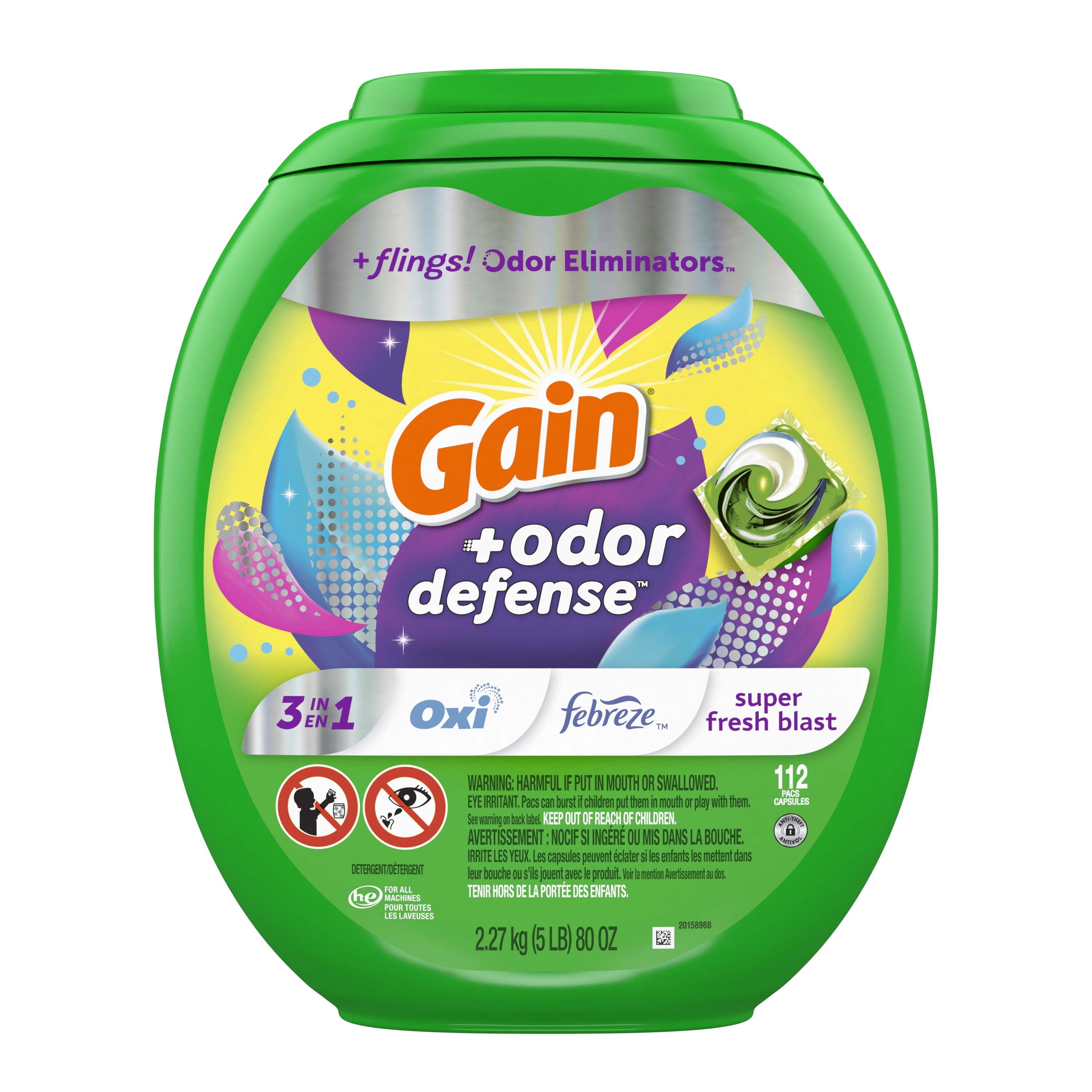 Gain Flings Laundry Detergent Pacs with Odor Defense, Super Fresh Blast Scent, 112 Count