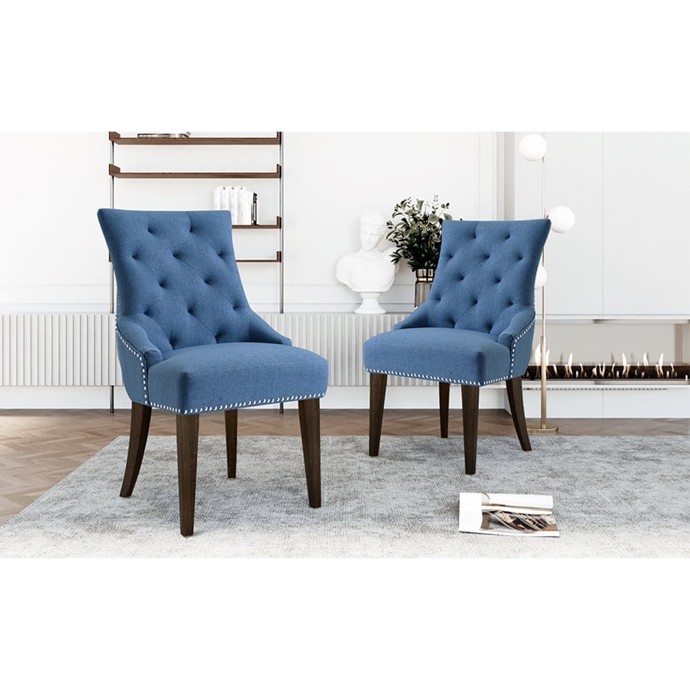 LSSBOUGHT Set of 2 Fabric Dining Chairs Leisure Padded Chairs with Black Solid Wooden Legs,Nailed Trim,Blue