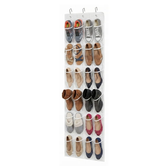 Over the Door Shoe Organizer - Hanging Shoe Rack for Closet with 24 Clear Pockets and 3 Steel Hooks, Back of Door Storage for Space Saving Entryway Bathroom, Bedroom, Dorm Organizer (White)