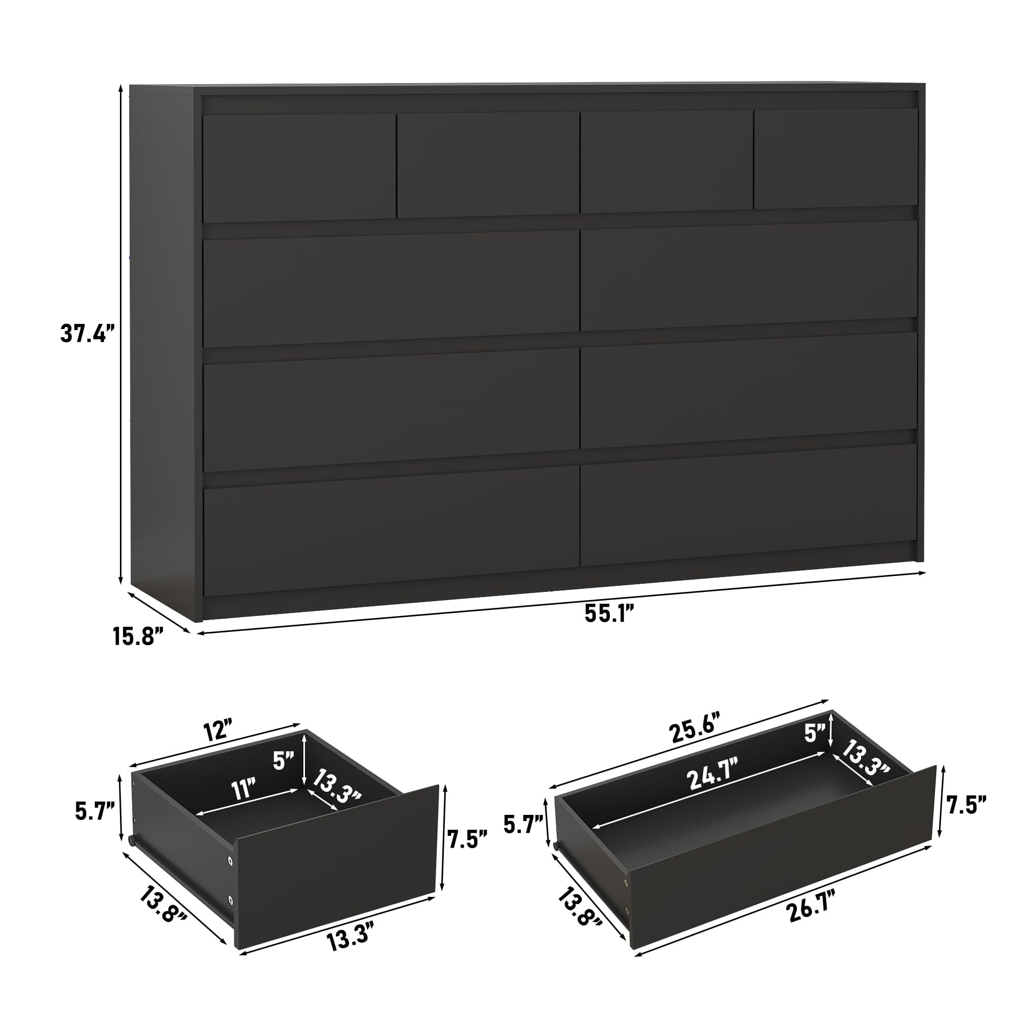 ChVans Black Malm 10 Drawers Dresser for Bedroom, 55" Wide 37" Tall Dresser with 10 Drawers, Modern Large Wood Chest of Drawer Handle Free, Living Room, Entryway, Hallway, Black