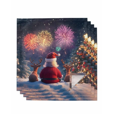 

Christmas Cloth Napkins Set of 4 Santa Deer Fireworks Snowflake Xmas Washable Reusable Dinner Cocktail Napkin for Kitchen Party Wedding Banquet Holiday Baby Shower Table Decor
