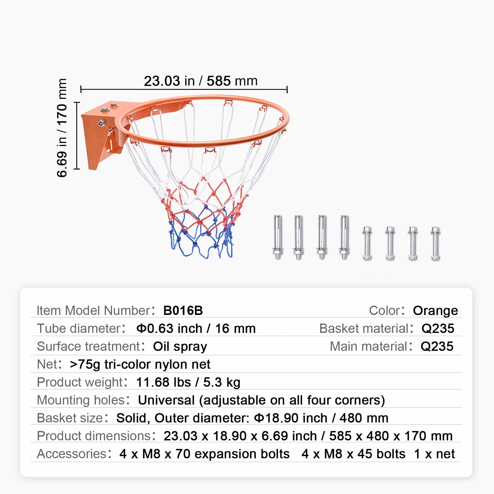 KFFKFF Basketball Goal, Door or Wall Mountable Hoop, Robust Q235 Basketball Spring Rim Replacement with Net, Conventional 18" Indoor and Outdoor Suspended Basketball Hoop for Children and Adults