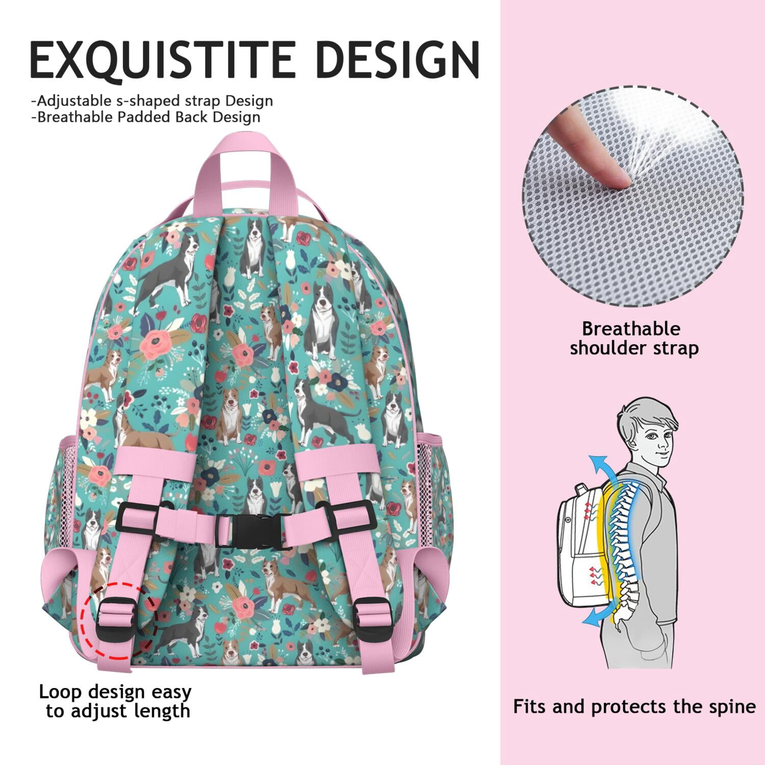 Pitbull Dog and Flower Floral Backpack for School,Cute School Bag,Schoolbag with Adjustable Shoulder Straps & Padded Back,15.25"x11.5"x5.25"