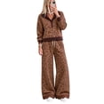 thumbnail image 2 of Szluipve 2 Piece Sets for Women Leopard Print 2 Piece Outfit Button Collar Long Sleeve Scalloped Hem Top High Waist Wide Leg Pants Casual Loungewear Tracksuit Set Brown L, 2 of 4