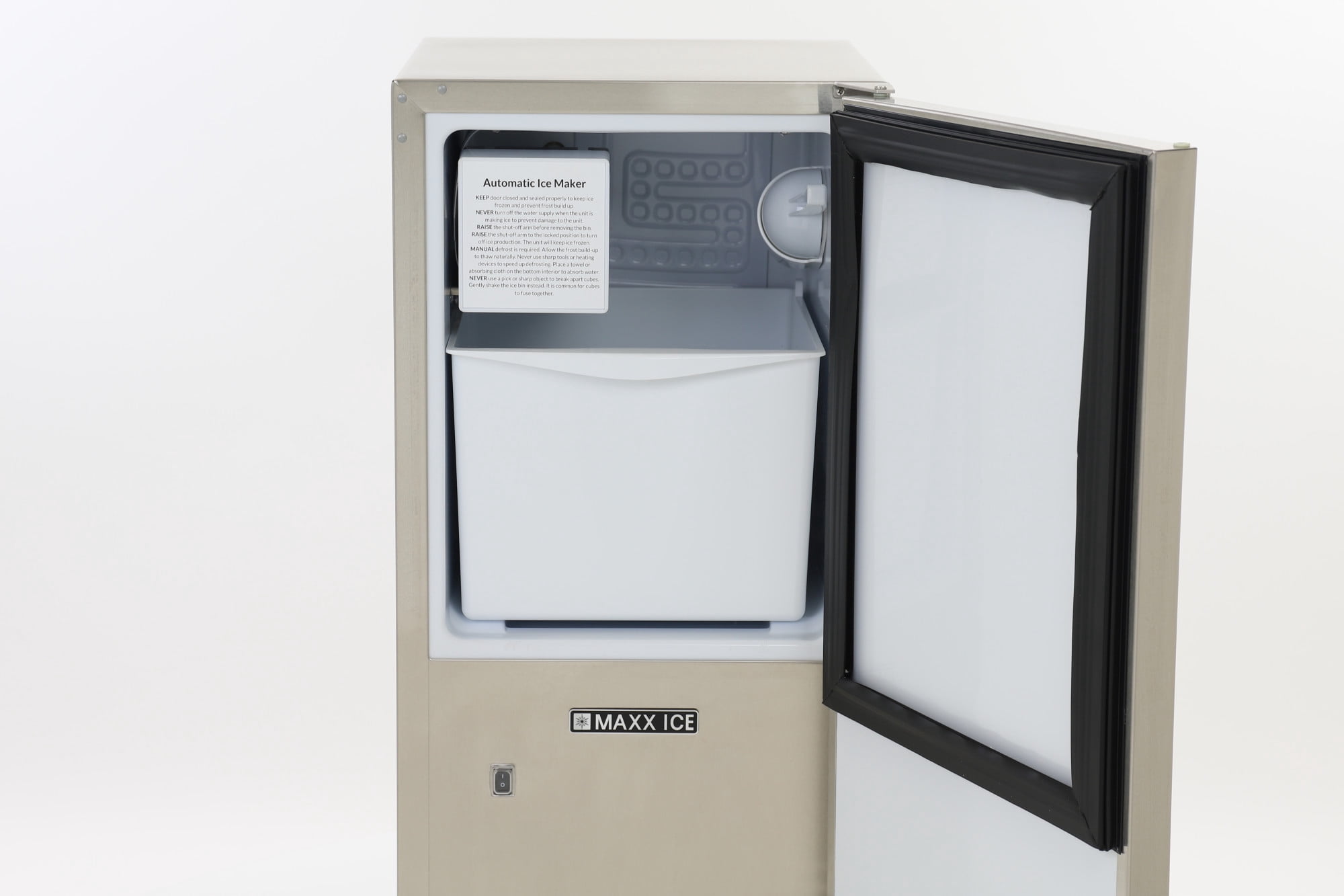 Maxx Ice Shallow Depth Outdoor Built-In Undercounter Ice Maker, 15", 25 lbs, Crescent Ice Cubes, 22 lb Ice Storage Bin, in Stainless Steel (MIM25CO)