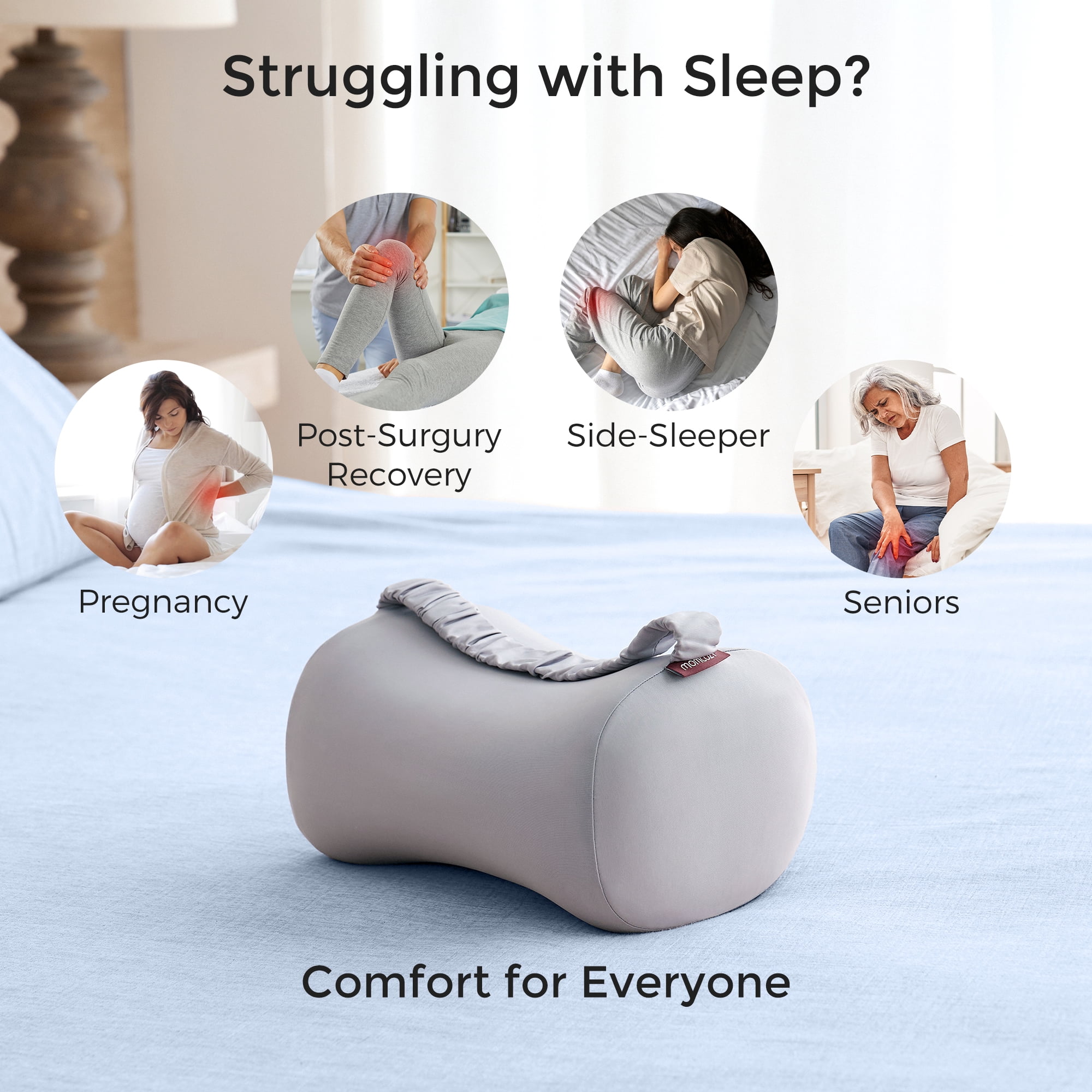 Momcozy Knee Pillow for Side Sleepers with Cooling Cover, Soft Memory Foam Spine Alignment Pregnancy Leg Pillow for HIPS, Back, Sciatica Pain, Fixed Strap for Moving, Wider Contact Even Pressure