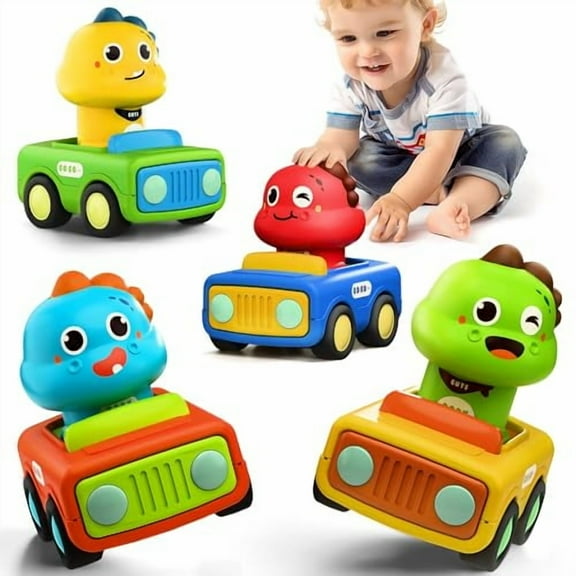 iPlay,Press to Go Car Toys for Toddlers 1-3,Baby Animal Race Cars,Infant Play Vehicle Set,Boy Push Go Friction Dino Cars for 6-9-12-18 Month,1st Birthday Gift Stuffer for 1-2 Years Old Kid