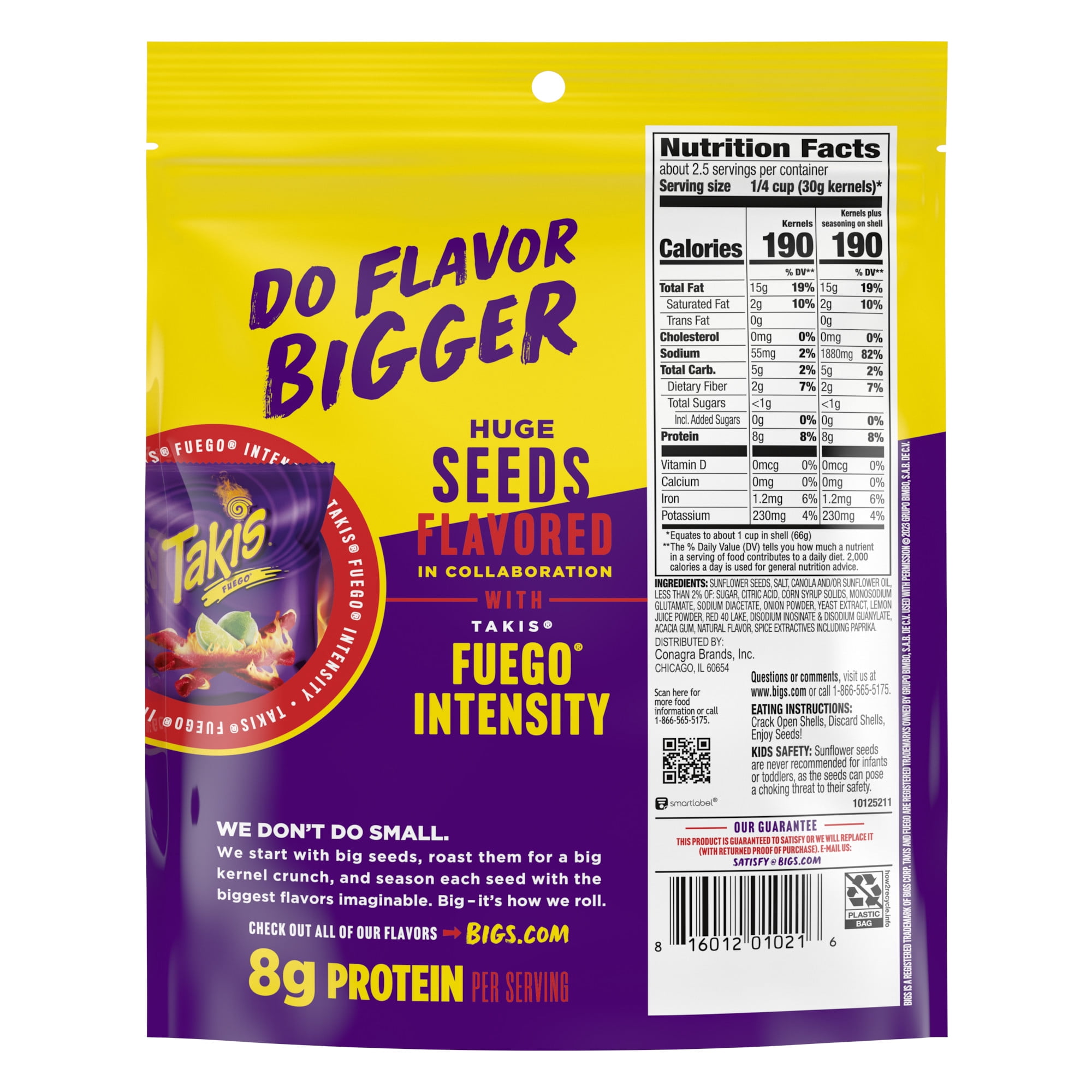 Bigs Takis Fuego Sunflower Seeds, Hot Chili Lime Flavor, Low Carb Lifestyle, 5.35 oz. Bag