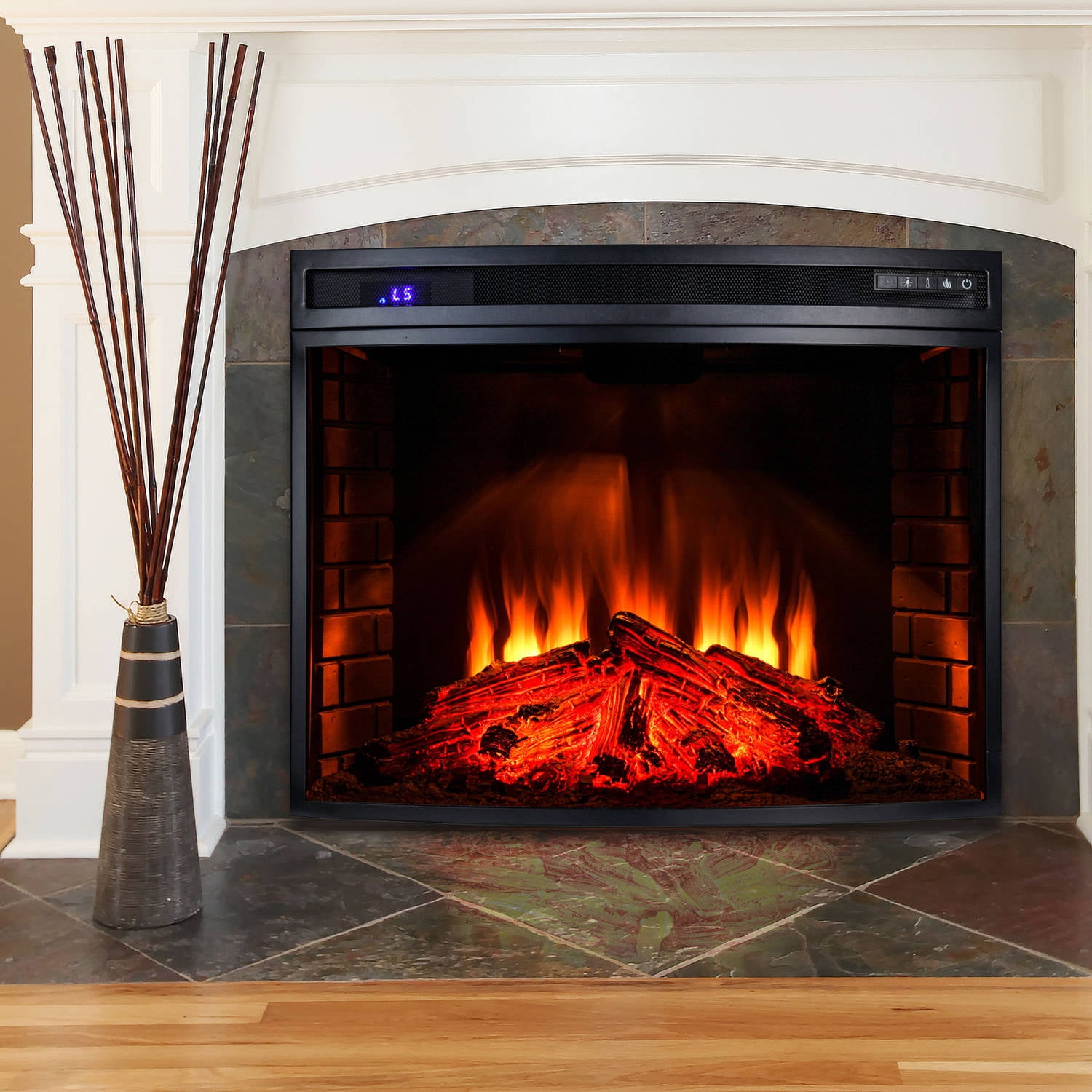 Akdy Fp0045 33 1500w Freestanding Electric Fireplace Insert Heater With Curved Tempered Glass And Remote Control Black