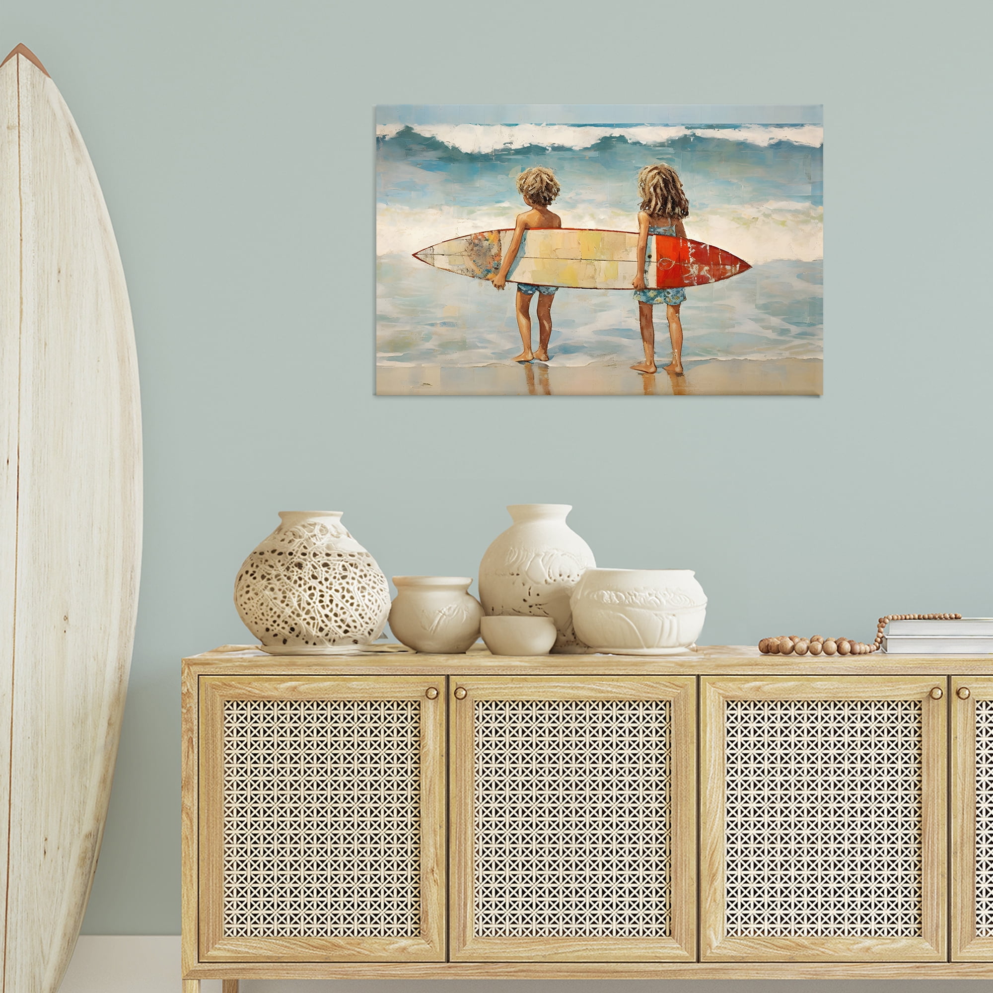 Stupell Industries Kids with Surf Waves People Painting Wrapped Canvas Art Print Wall Art, 36 x 24