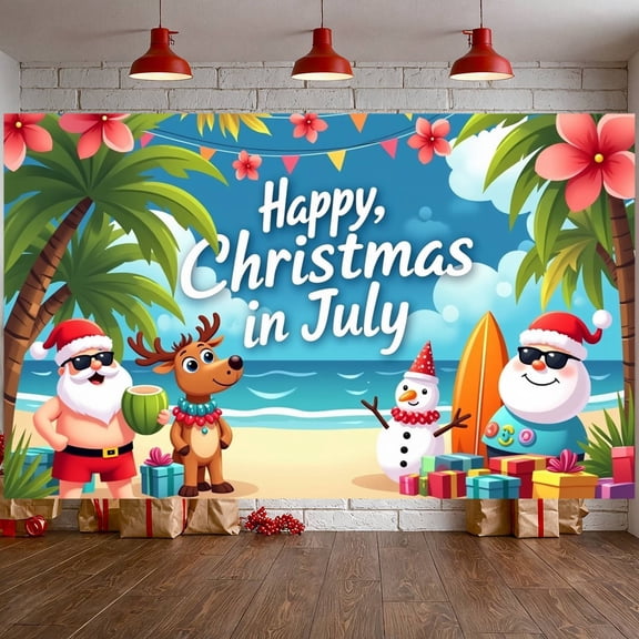 Tropical Theme Christmas Banner Summer Style July Christmas Display Santa Claus Design Reindeer Tropical Holiday Backdrop for July Celebration Summer Party Beach Holiday