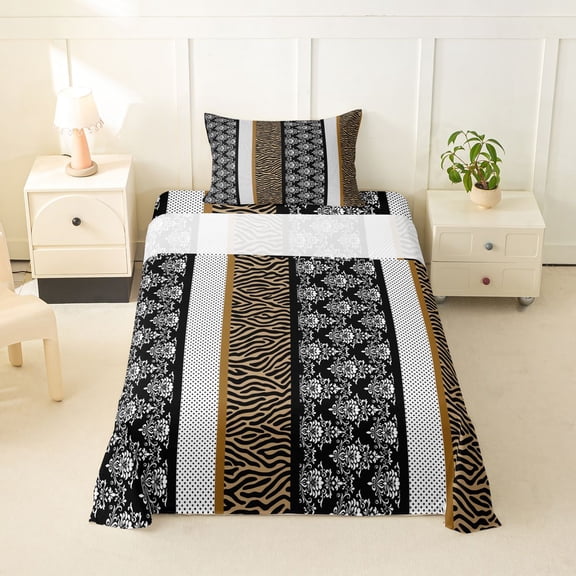 Erosebridal Abstract Zebra Print Polka Dots Twin Sheet Sets 3pcs For Teens,Boys Girls Hippie Flower Damask Bedding,Black Brown
